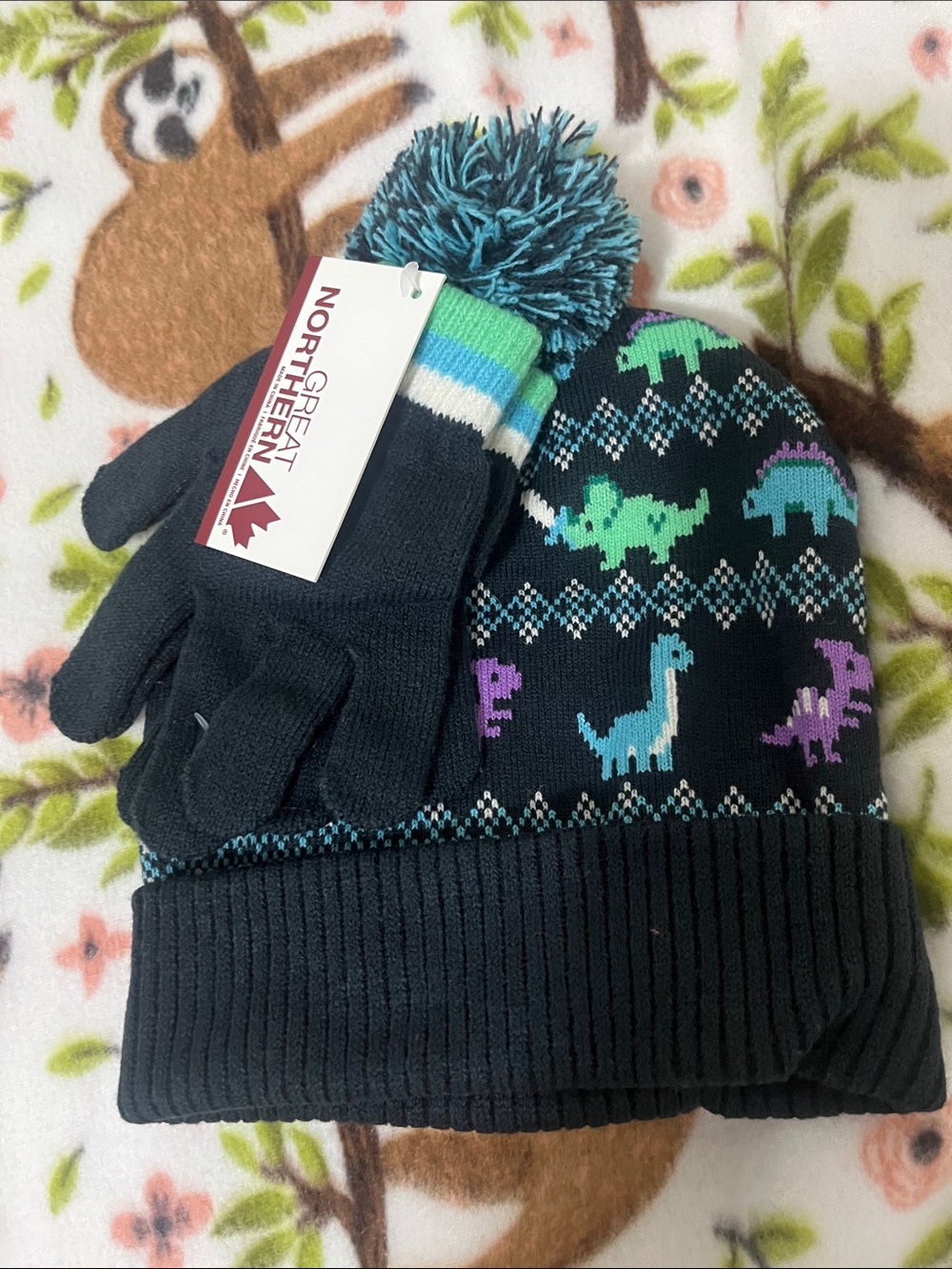 Kids Navy Dino Knit Beanie & Gloves Set
